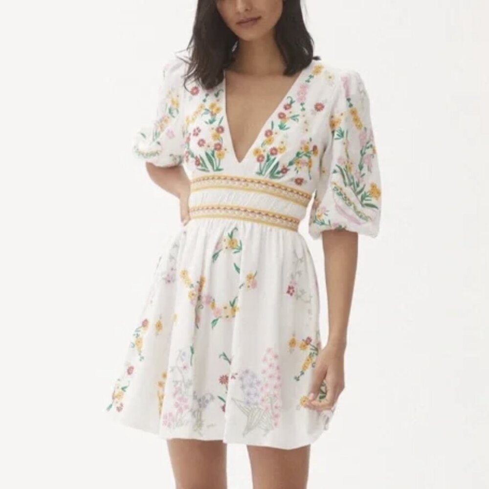 By Anthropologie Deep V Floral Mini Dress Embroidered Cotton Ivory Size Medium
